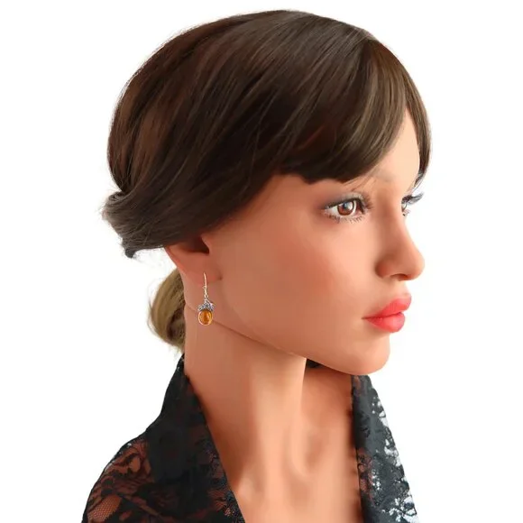 Baltic Amber Grape Leaf Dangle Earrings in s925 - Picture 5 of 6